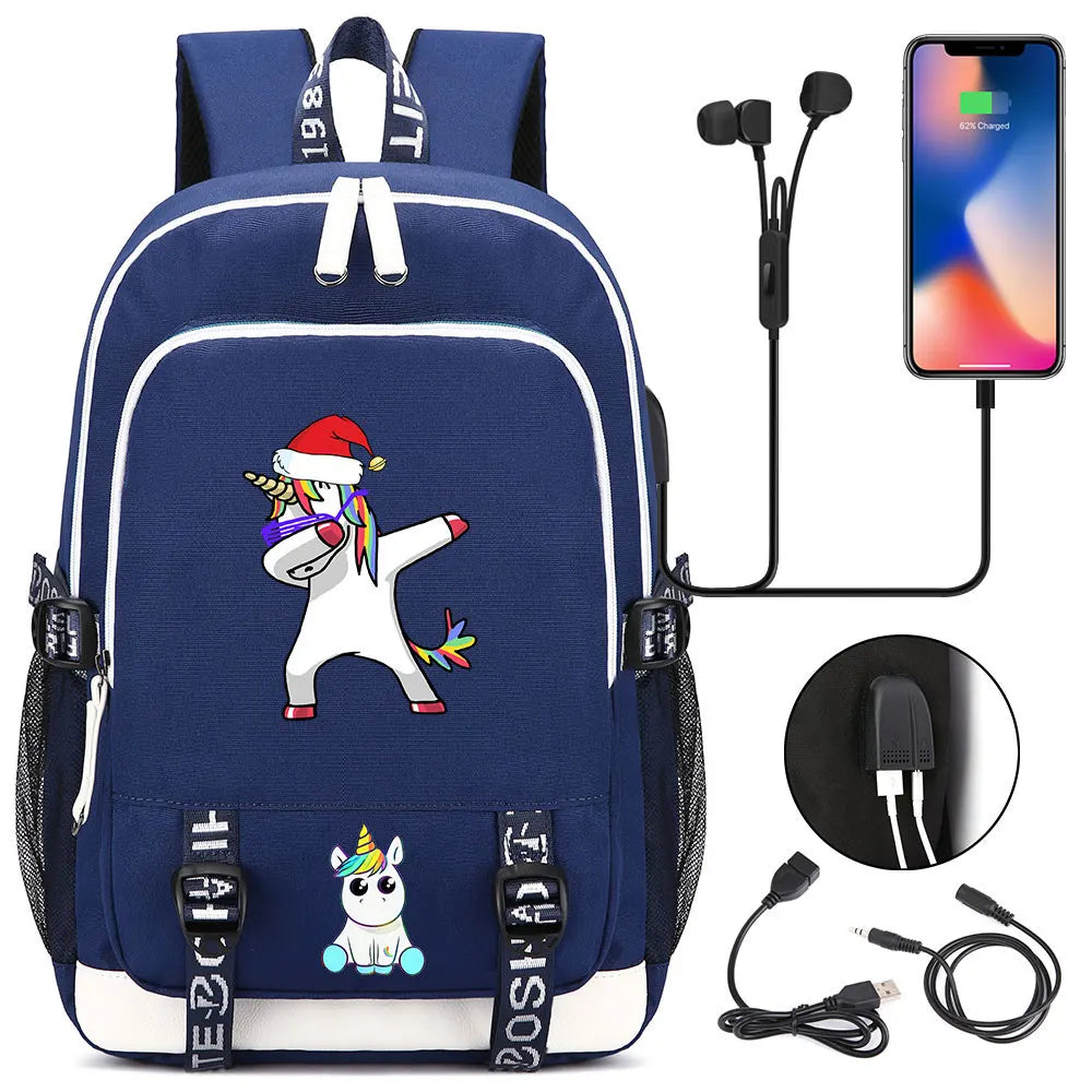 New Cartoon Rainbow Horse  Teenager USB Charging Laptop Backpack Women Men Rucksack Kids School Book Bag Mochila Travel Bagpack