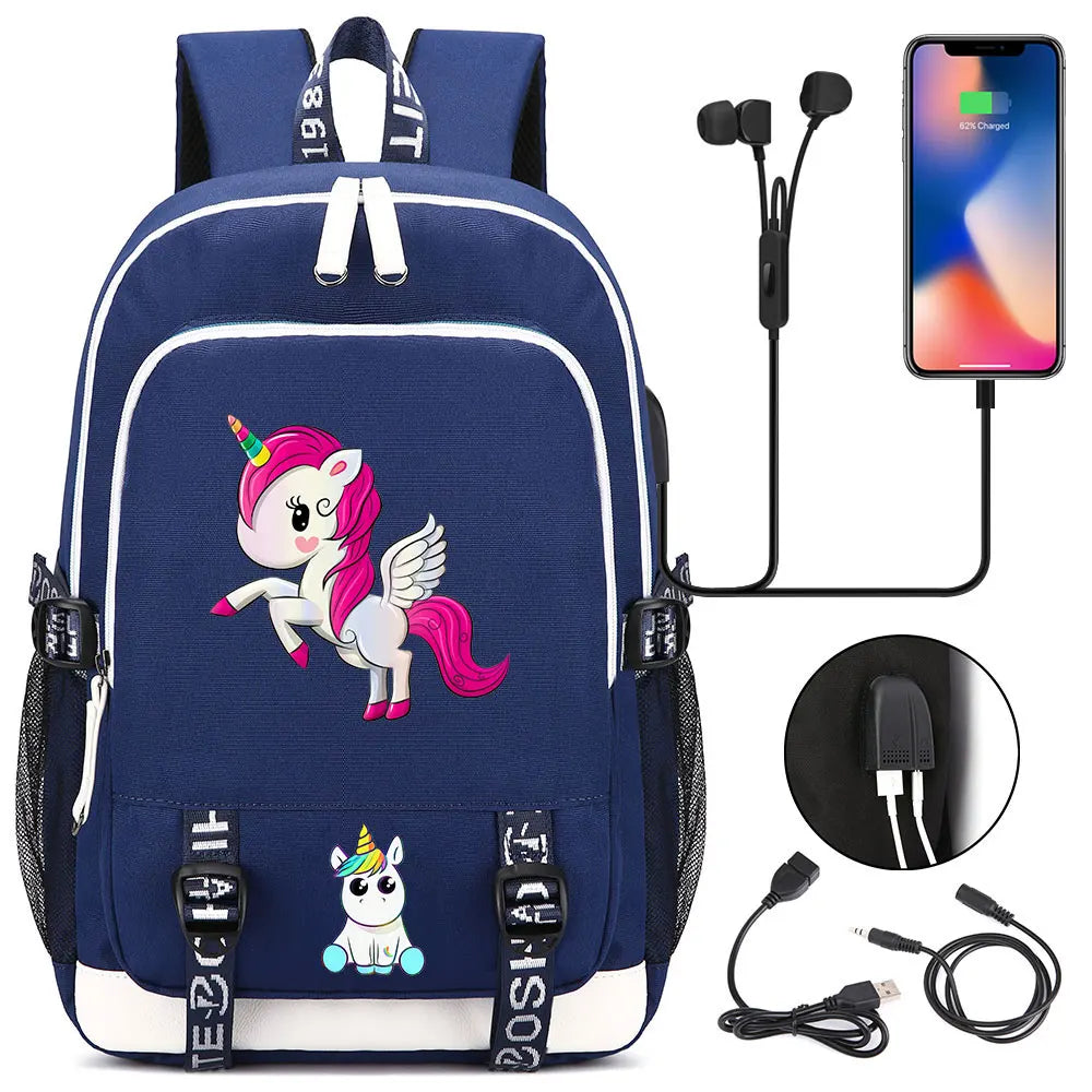 New Cartoon Rainbow Horse  Teenager USB Charging Laptop Backpack Women Men Rucksack Kids School Book Bag Mochila Travel Bagpack