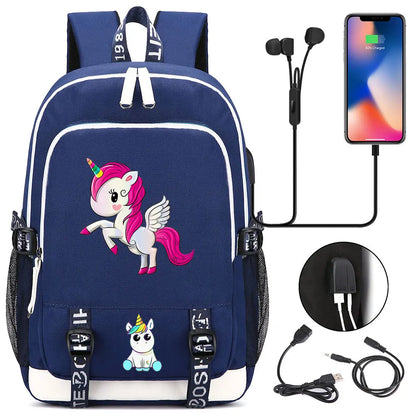 New Cartoon Rainbow Horse  Teenager USB Charging Laptop Backpack Women Men Rucksack Kids School Book Bag Mochila Travel Bagpack