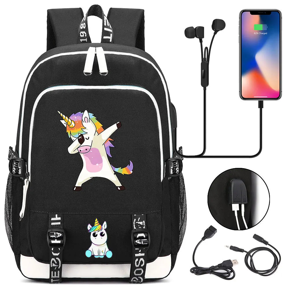 New Cartoon Rainbow Horse  Teenager USB Charging Laptop Backpack Women Men Rucksack Kids School Book Bag Mochila Travel Bagpack