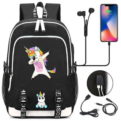 New Cartoon Rainbow Horse  Teenager USB Charging Laptop Backpack Women Men Rucksack Kids School Book Bag Mochila Travel Bagpack