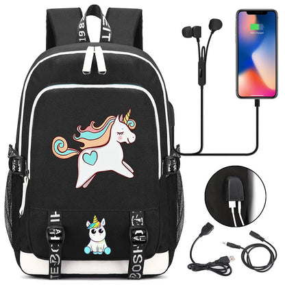 New Cartoon Rainbow Horse  Teenager USB Charging Laptop Backpack Women Men Rucksack Kids School Book Bag Mochila Travel Bagpack