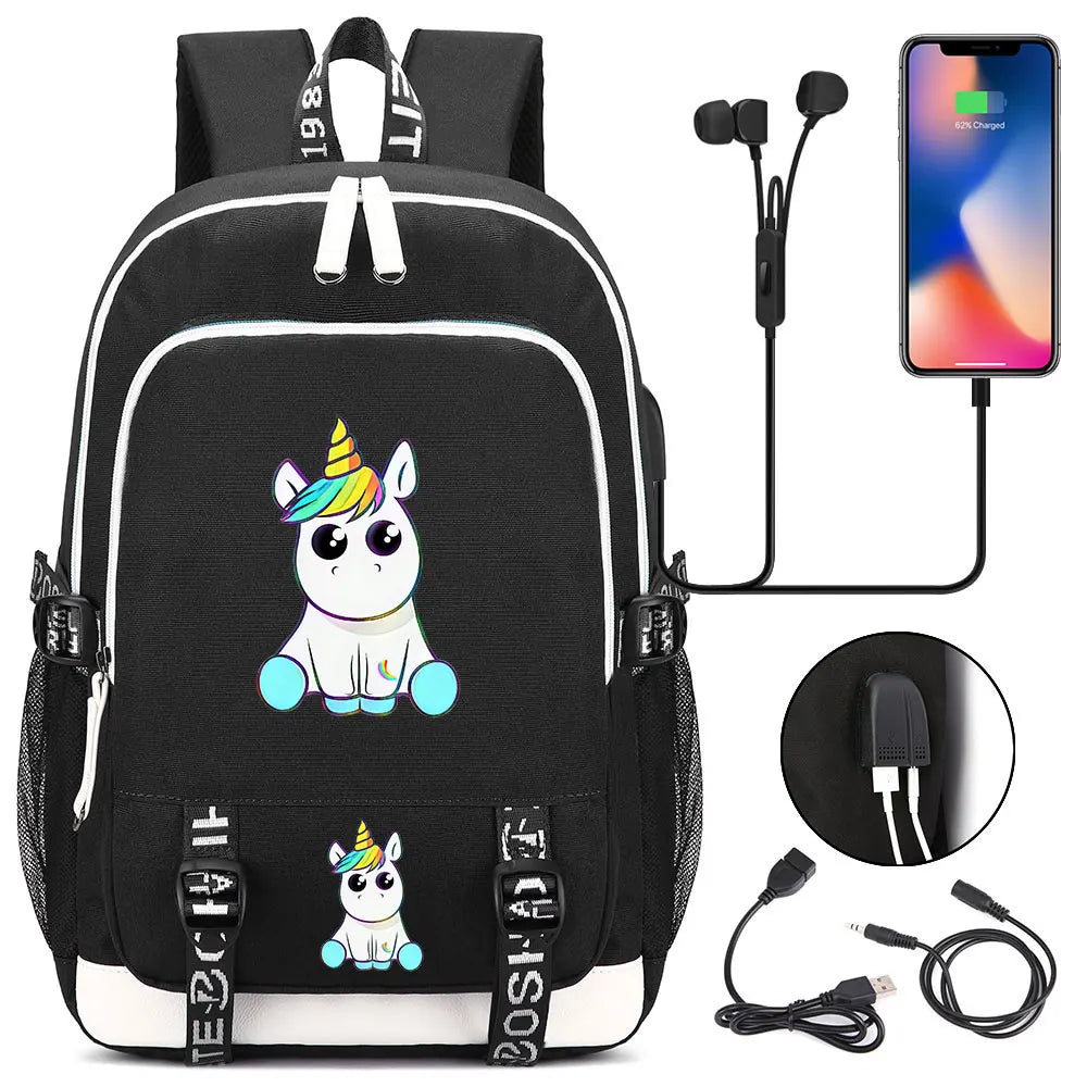 New Cartoon Rainbow Horse  Teenager USB Charging Laptop Backpack Women Men Rucksack Kids School Book Bag Mochila Travel Bagpack