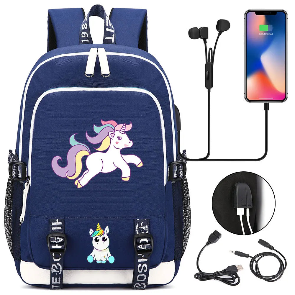 New Cartoon Rainbow Horse  Teenager USB Charging Laptop Backpack Women Men Rucksack Kids School Book Bag Mochila Travel Bagpack