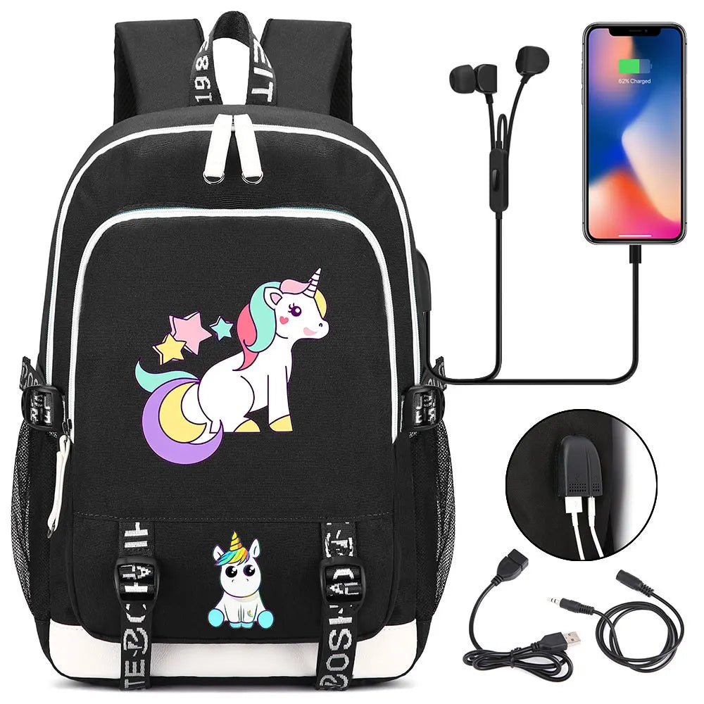 New Cartoon Rainbow Horse  Teenager USB Charging Laptop Backpack Women Men Rucksack Kids School Book Bag Mochila Travel Bagpack