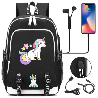 New Cartoon Rainbow Horse  Teenager USB Charging Laptop Backpack Women Men Rucksack Kids School Book Bag Mochila Travel Bagpack