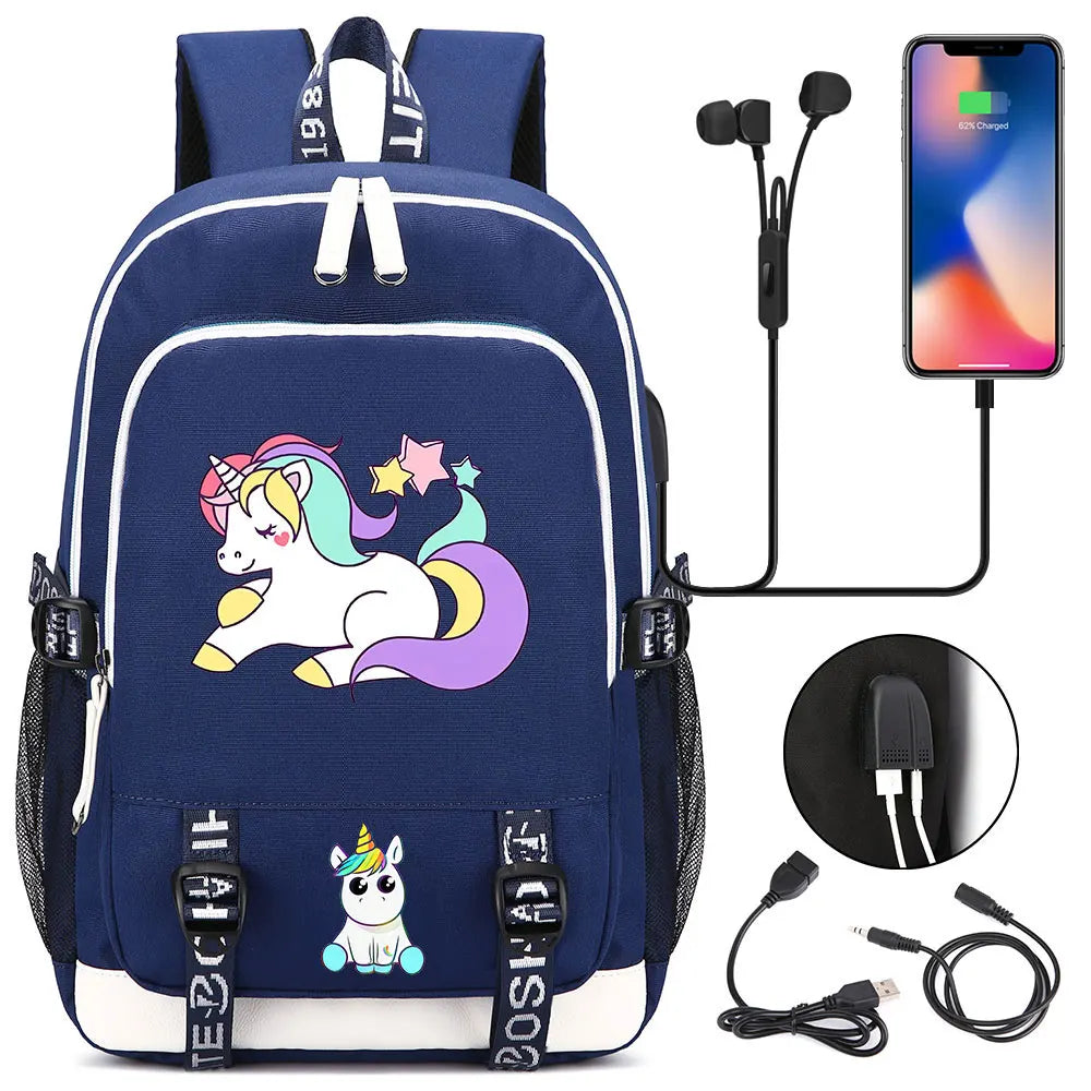 New Cartoon Rainbow Horse  Teenager USB Charging Laptop Backpack Women Men Rucksack Kids School Book Bag Mochila Travel Bagpack