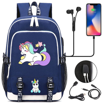 New Cartoon Rainbow Horse  Teenager USB Charging Laptop Backpack Women Men Rucksack Kids School Book Bag Mochila Travel Bagpack