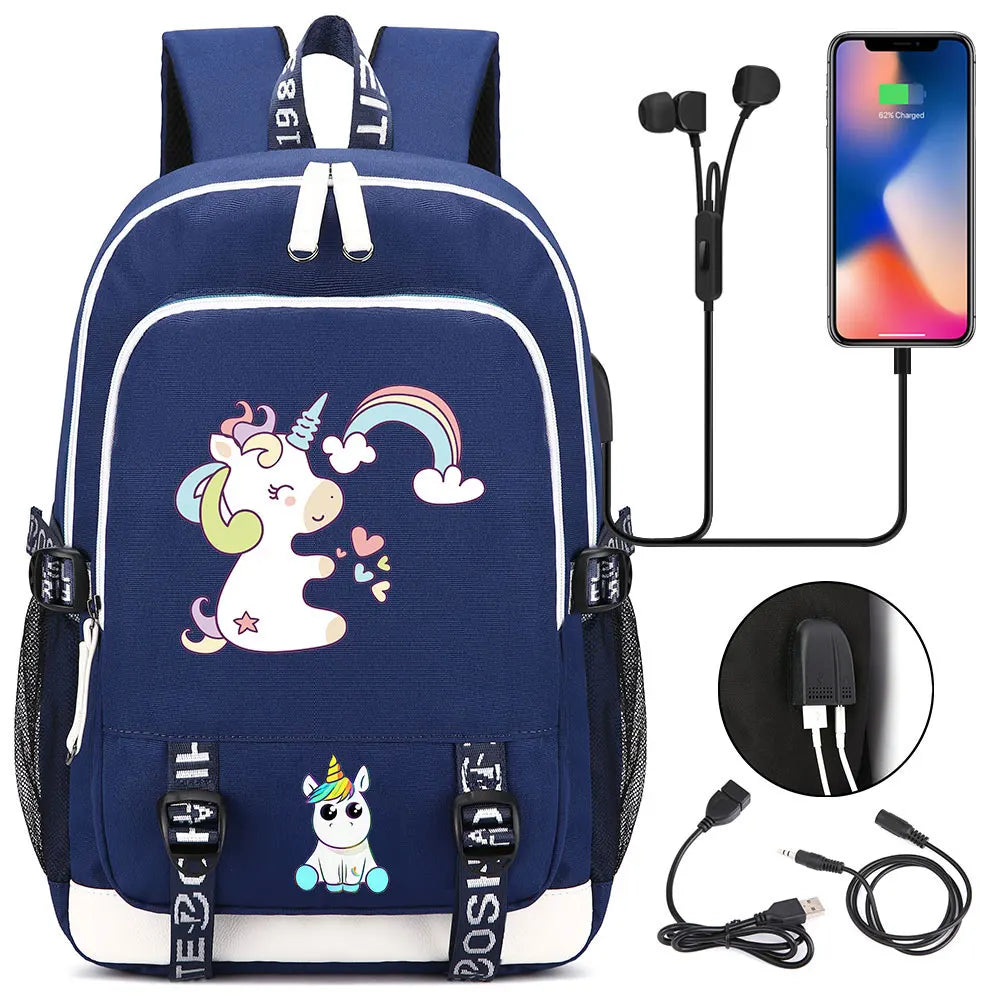 New Cartoon Rainbow Horse  Teenager USB Charging Laptop Backpack Women Men Rucksack Kids School Book Bag Mochila Travel Bagpack