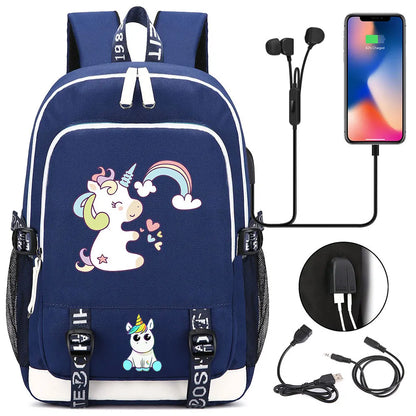 New Cartoon Rainbow Horse  Teenager USB Charging Laptop Backpack Women Men Rucksack Kids School Book Bag Mochila Travel Bagpack