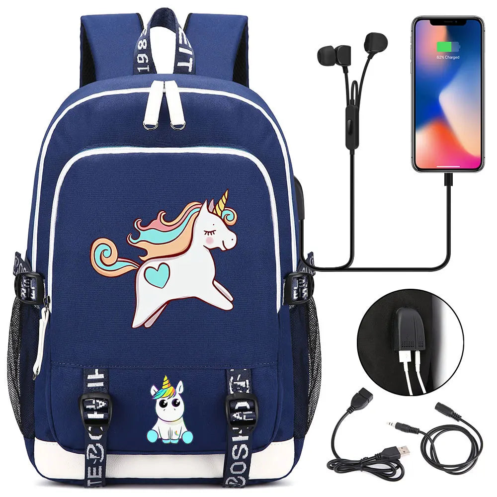New Cartoon Rainbow Horse  Teenager USB Charging Laptop Backpack Women Men Rucksack Kids School Book Bag Mochila Travel Bagpack