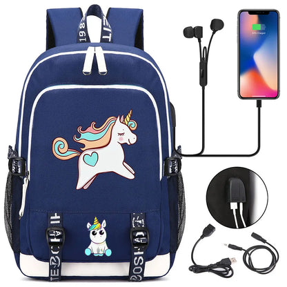 New Cartoon Rainbow Horse  Teenager USB Charging Laptop Backpack Women Men Rucksack Kids School Book Bag Mochila Travel Bagpack