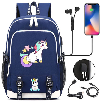 New Cartoon Rainbow Horse  Teenager USB Charging Laptop Backpack Women Men Rucksack Kids School Book Bag Mochila Travel Bagpack