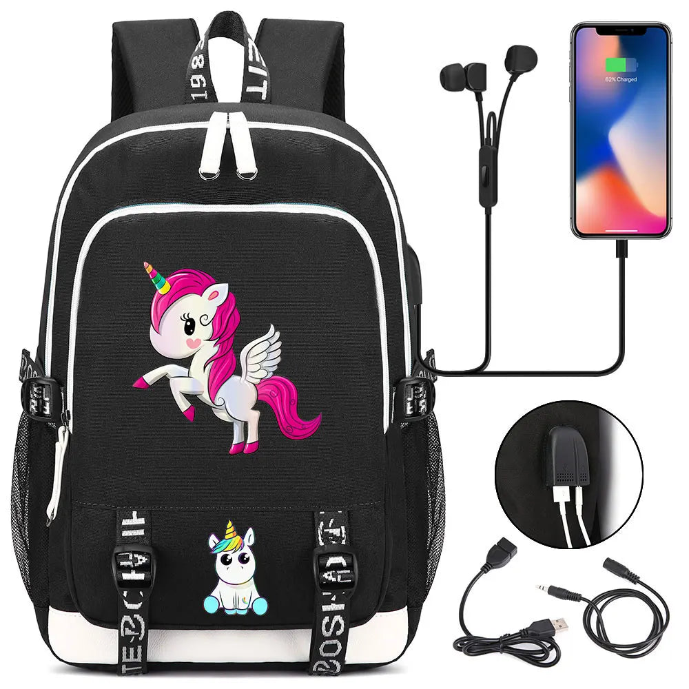 New Cartoon Rainbow Horse  Teenager USB Charging Laptop Backpack Women Men Rucksack Kids School Book Bag Mochila Travel Bagpack
