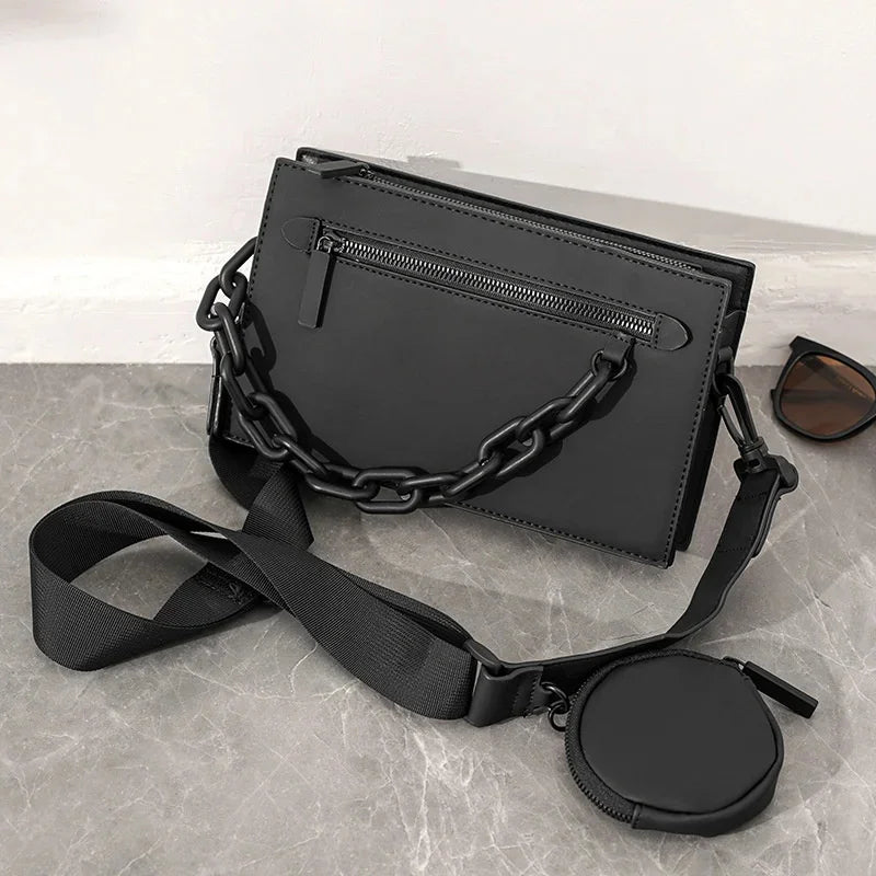 New Casual Men Shoulder Youth PU Leather Crossbody Small Square Fashion Male Chain Bag