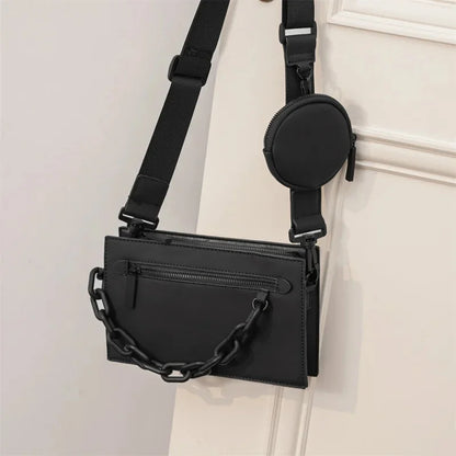 New Casual Men Shoulder Youth PU Leather Crossbody Small Square Fashion Male Chain Bag