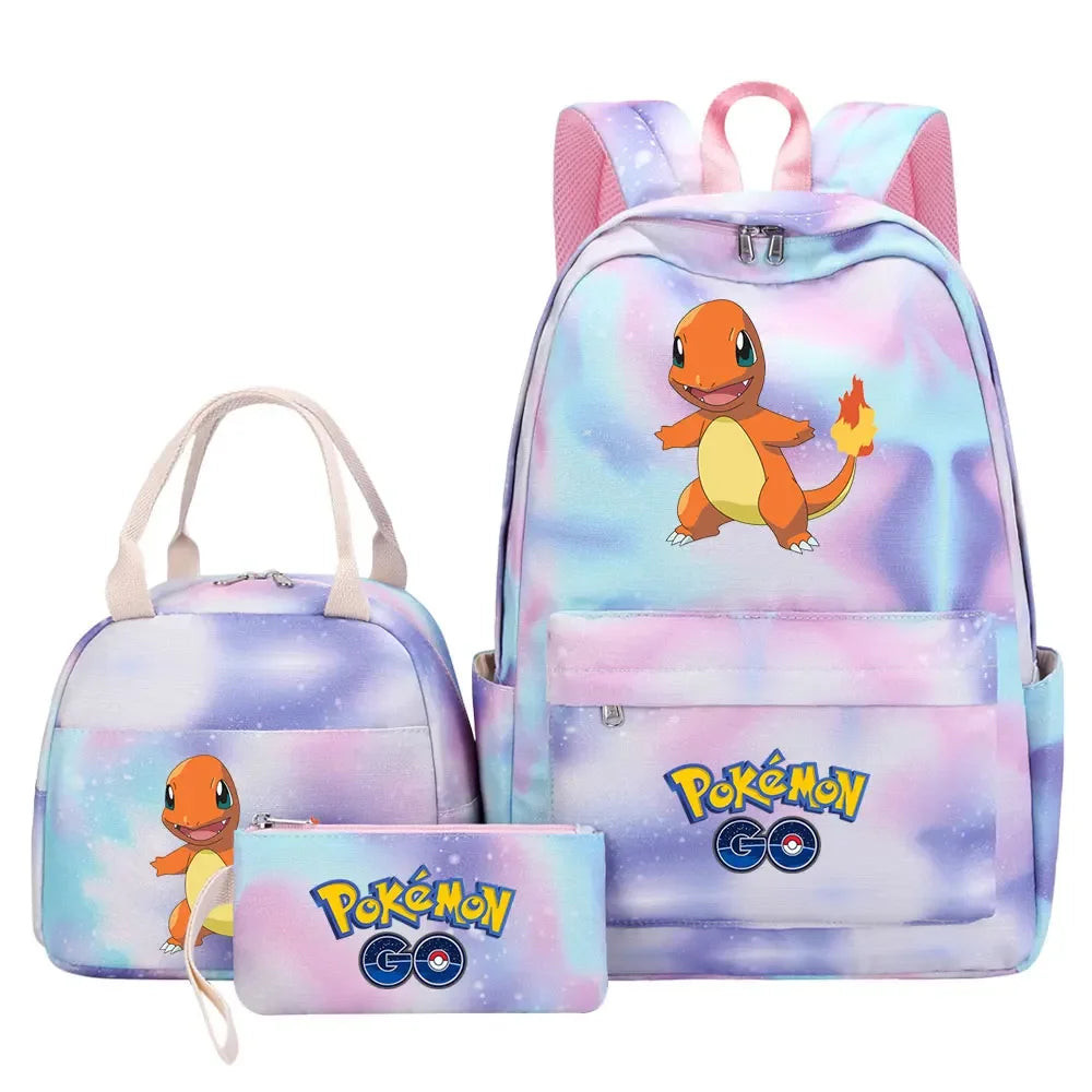 New Charmander Jigglypuff Girls Kids Pen Lunch Bags Bookbags 3 Pcs Women Teenagers Schoolbags Travel Laptop Rainbow Backpack