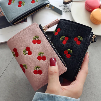 New Cherry Fruit  Embroidery Women Purse Wallets Fashion Simple Students Wallet Small PU Leather Wallet Mini Card Holder Bags