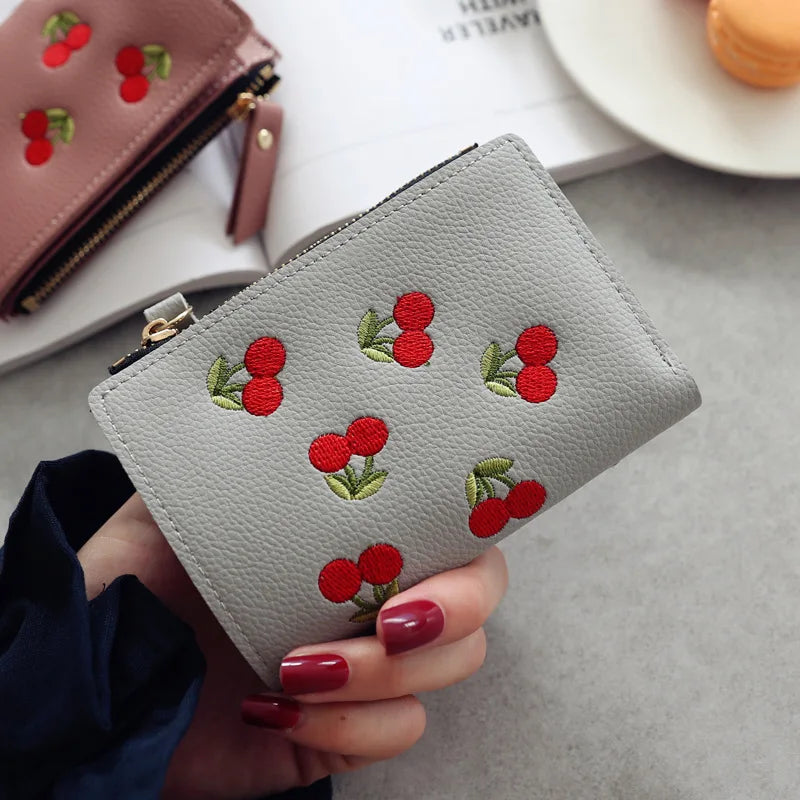 New Cherry Fruit  Embroidery Women Purse Wallets Fashion Simple Students Wallet Small PU Leather Wallet Mini Card Holder Bags