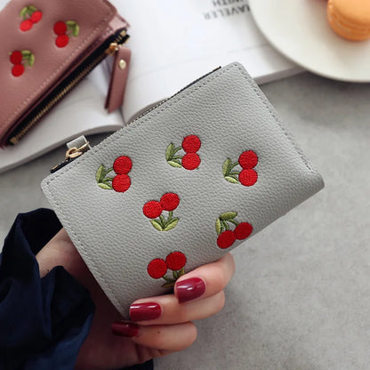 New Cherry Fruit  Embroidery Women Purse Wallets Fashion Simple Students Wallet Small PU Leather Wallet Mini Card Holder Bags