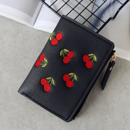 New Cherry Fruit  Embroidery Women Purse Wallets Fashion Simple Students Wallet Small PU Leather Wallet Mini Card Holder Bags