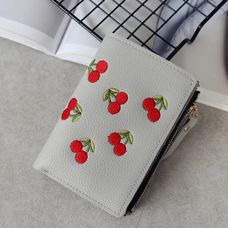 New Cherry Fruit  Embroidery Women Purse Wallets Fashion Simple Students Wallet Small PU Leather Wallet Mini Card Holder Bags