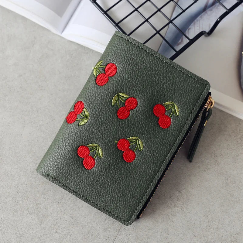 New Cherry Fruit  Embroidery Women Purse Wallets Fashion Simple Students Wallet Small PU Leather Wallet Mini Card Holder Bags