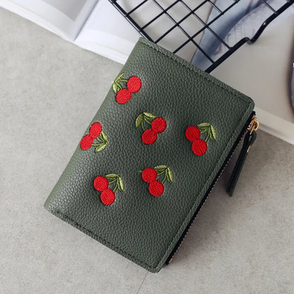 New Cherry Fruit  Embroidery Women Purse Wallets Fashion Simple Students Wallet Small PU Leather Wallet Mini Card Holder Bags
