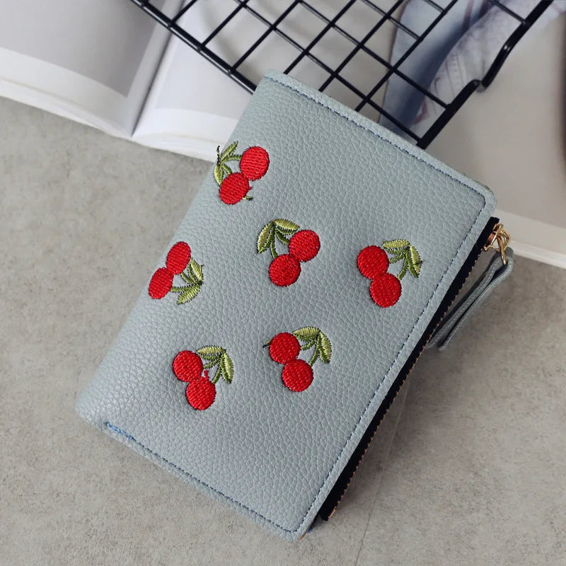New Cherry Fruit  Embroidery Women Purse Wallets Fashion Simple Students Wallet Small PU Leather Wallet Mini Card Holder Bags