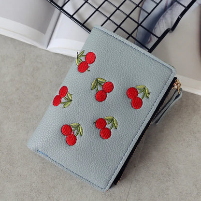 New Cherry Fruit  Embroidery Women Purse Wallets Fashion Simple Students Wallet Small PU Leather Wallet Mini Card Holder Bags