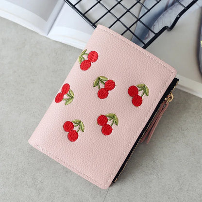New Cherry Fruit  Embroidery Women Purse Wallets Fashion Simple Students Wallet Small PU Leather Wallet Mini Card Holder Bags