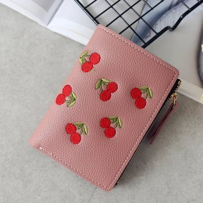 New Cherry Fruit  Embroidery Women Purse Wallets Fashion Simple Students Wallet Small PU Leather Wallet Mini Card Holder Bags