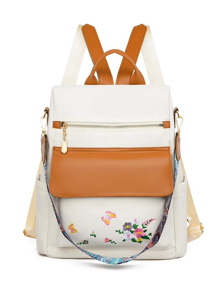 New Chinese Style Embroidered Design Backpack With Anti Theft Large Capacity Women's Backpacks Oxford Cloth PU Patchwork Bookbag