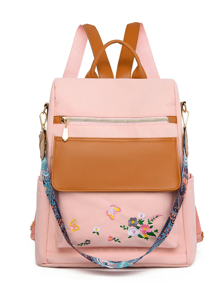 New Chinese Style Embroidered Design Backpack With Anti Theft Large Capacity Women's Backpacks Oxford Cloth PU Patchwork Bookbag