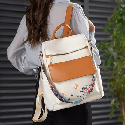 New Chinese Style Embroidered Design Backpack With Anti Theft Large Capacity Women's Backpacks Oxford Cloth PU Patchwork Bookbag