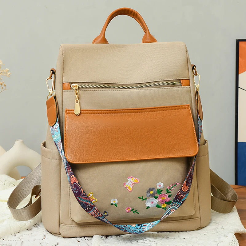 New Chinese Style Embroidered Design Backpack With Anti Theft Large Capacity Women's Backpacks Oxford Cloth PU Patchwork Bookbag