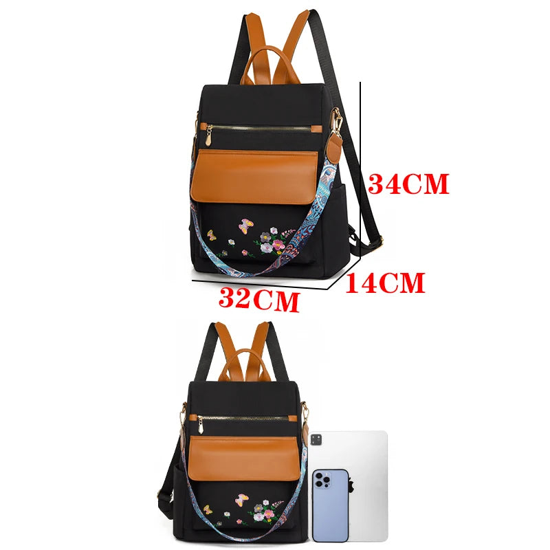 New Chinese Style Embroidered Design Backpack With Anti Theft Large Capacity Women's Backpacks Oxford Cloth PU Patchwork Bookbag