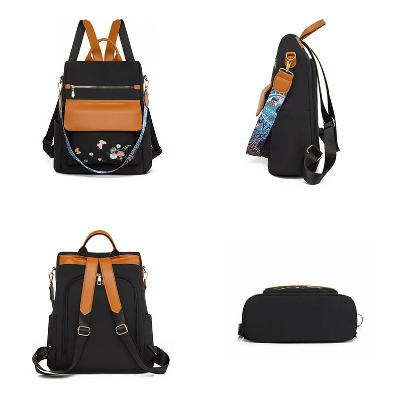 New Chinese Style Embroidered Design Backpack With Anti Theft Large Capacity Women's Backpacks Oxford Cloth PU Patchwork Bookbag