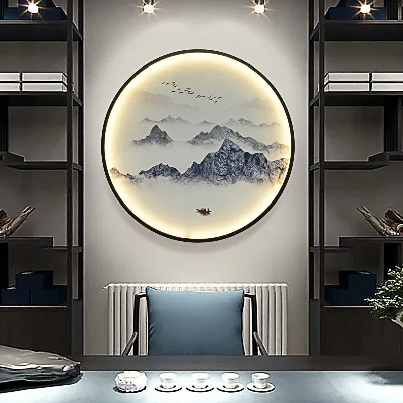 New Chinese Style Wall Lamp Zen Circular Living Room Bedroom Home Decor Lamps Background Wall Decoration Led Lights