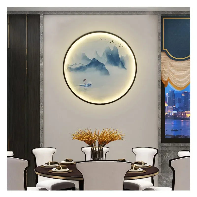 New Chinese Style Wall Lamp Zen Circular Living Room Bedroom Home Decor Lamps Background Wall Decoration Led Lights