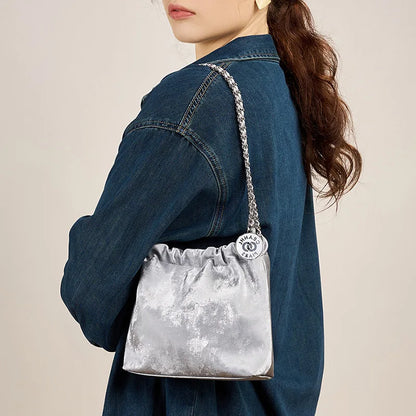 New Chinese silk cowhide garbage bag chain women's Guofeng shoulder crossbody small large capacity bucket bag tide
