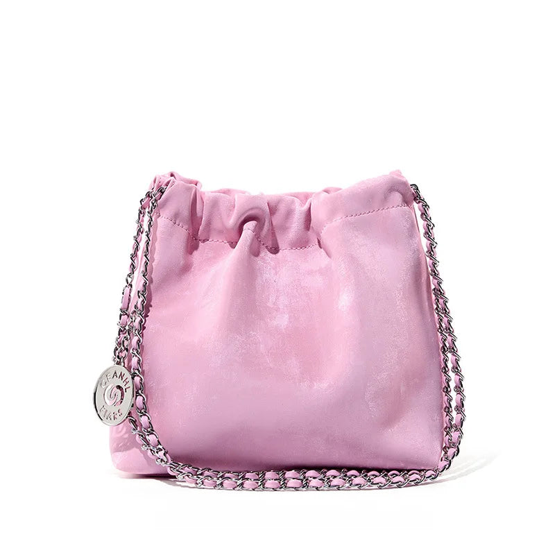New Chinese silk cowhide garbage bag chain women's Guofeng shoulder crossbody small large capacity bucket bag tide