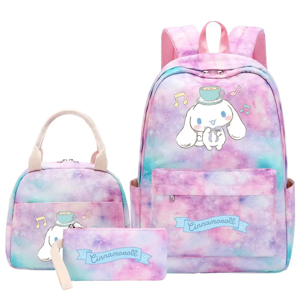 New Cinnamoroll Girls Kids Pen Lunch Bags Bookbags 3 Pcs Women Teenagers Schoolbags Travel Laptop Rainbow Backpack