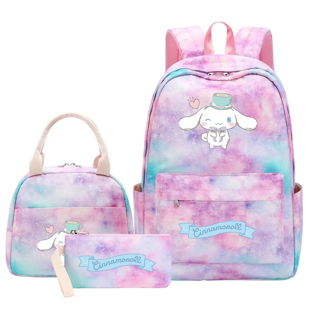 New Cinnamoroll Girls Kids Pen Lunch Bags Bookbags 3 Pcs Women Teenagers Schoolbags Travel Laptop Rainbow Backpack