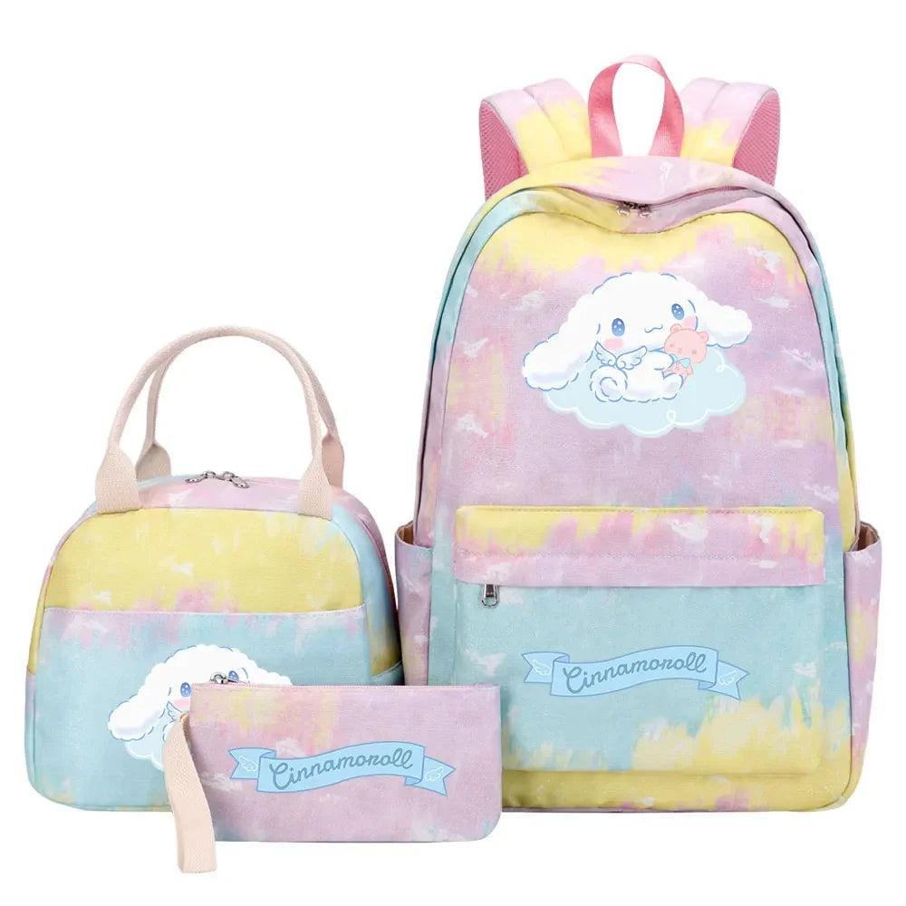 New Cinnamoroll Girls Kids Pen Lunch Bags Bookbags 3 Pcs Women Teenagers Schoolbags Travel Laptop Rainbow Backpack