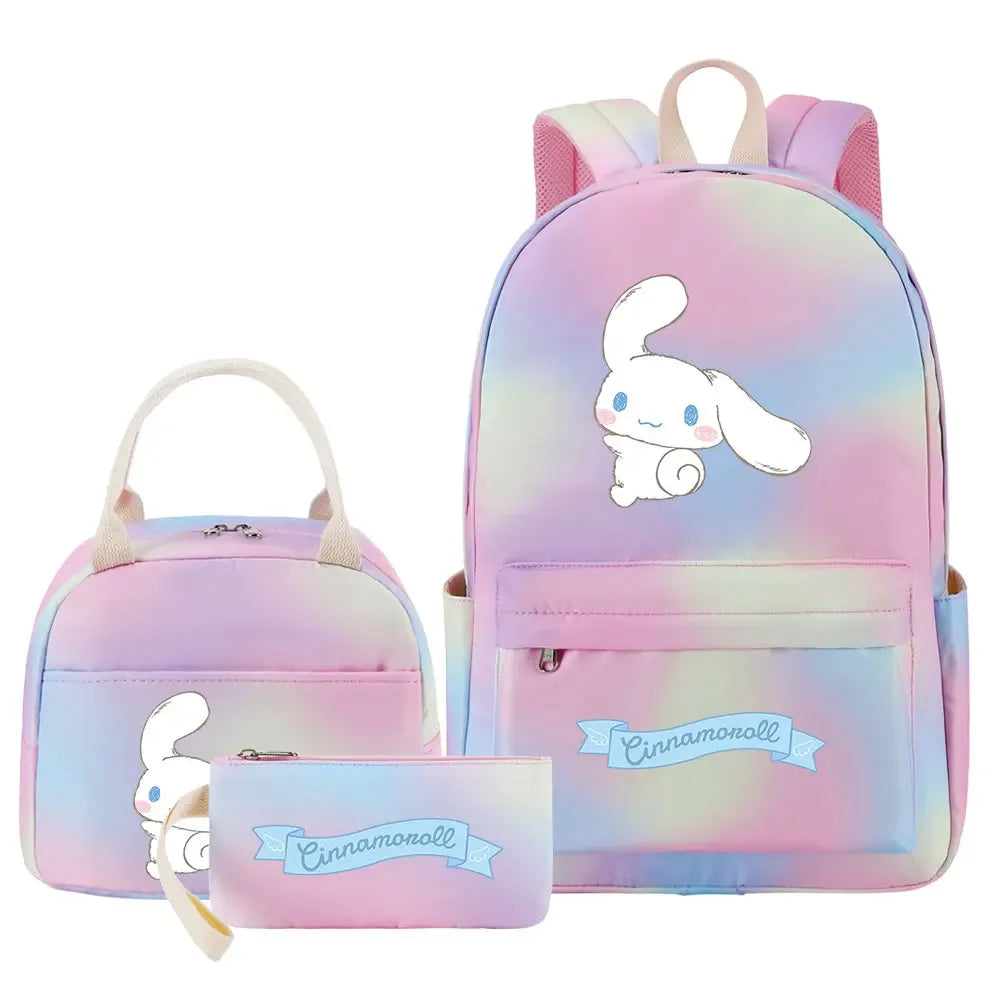 New Cinnamoroll Girls Kids Pen Lunch Bags Bookbags 3 Pcs Women Teenagers Schoolbags Travel Laptop Rainbow Backpack
