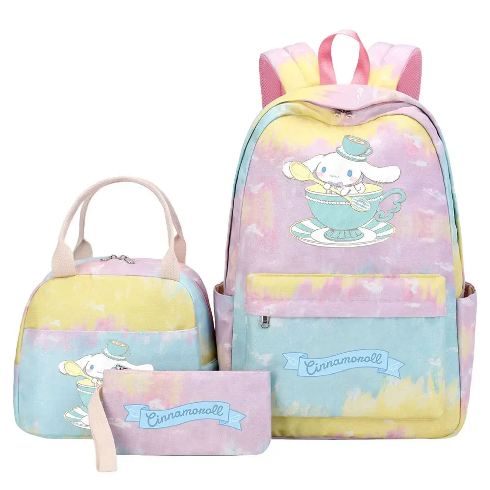 New Cinnamoroll Girls Kids Pen Lunch Bags Bookbags 3 Pcs Women Teenagers Schoolbags Travel Laptop Rainbow Backpack