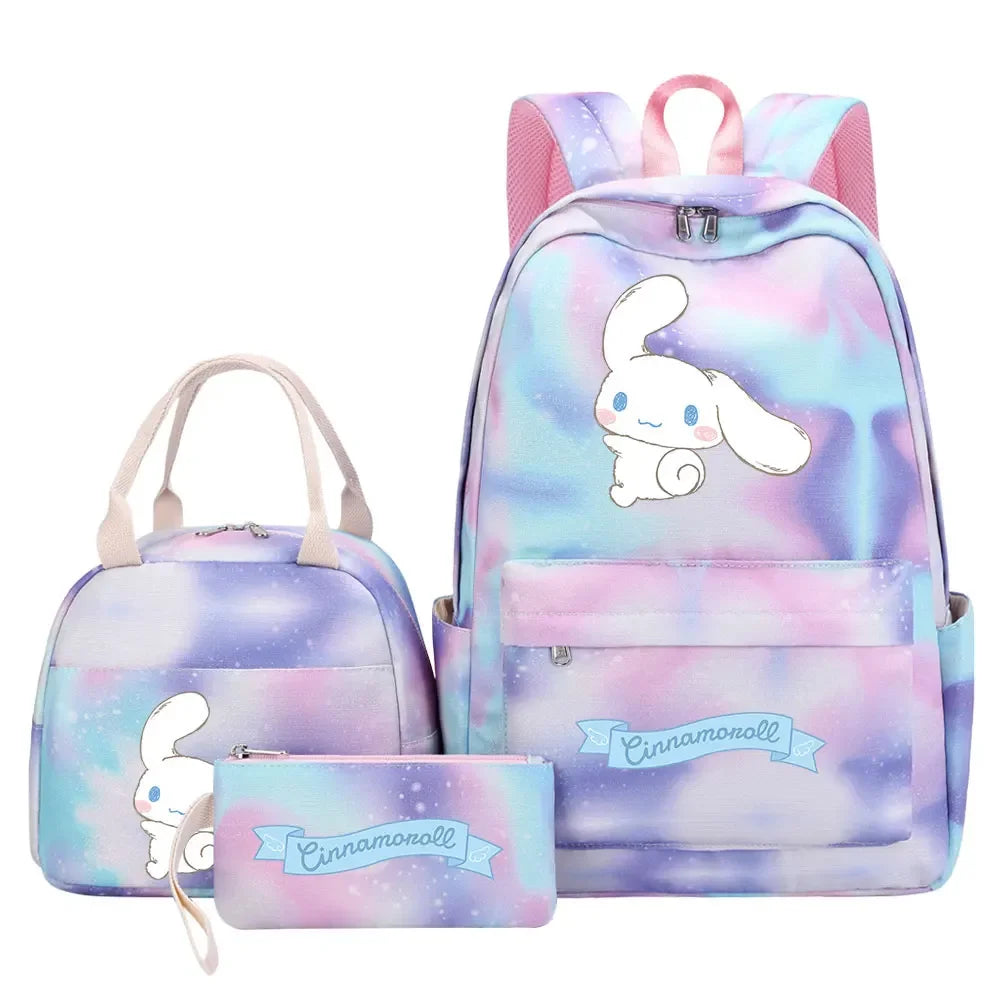 New Cinnamoroll Girls Kids Pen Lunch Bags Bookbags 3 Pcs Women Teenagers Schoolbags Travel Laptop Rainbow Backpack