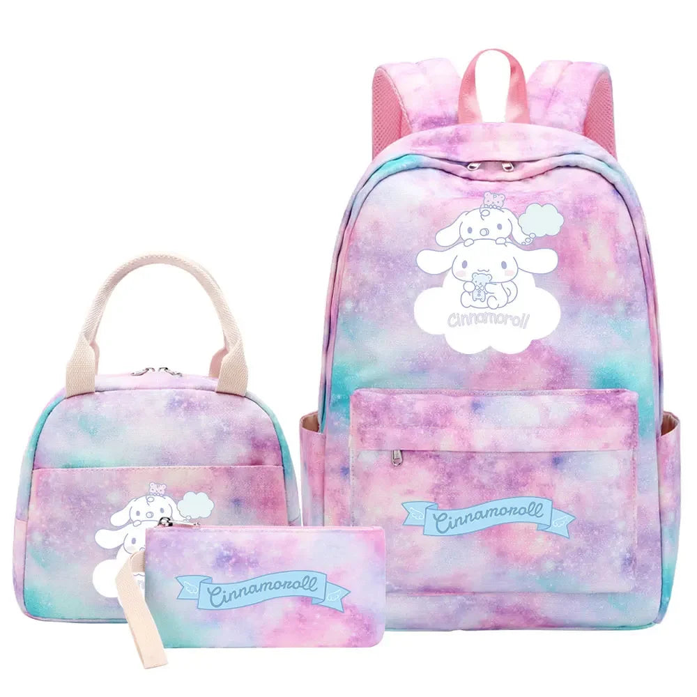 New Cinnamoroll Girls Kids Pen Lunch Bags Bookbags 3 Pcs Women Teenagers Schoolbags Travel Laptop Rainbow Backpack