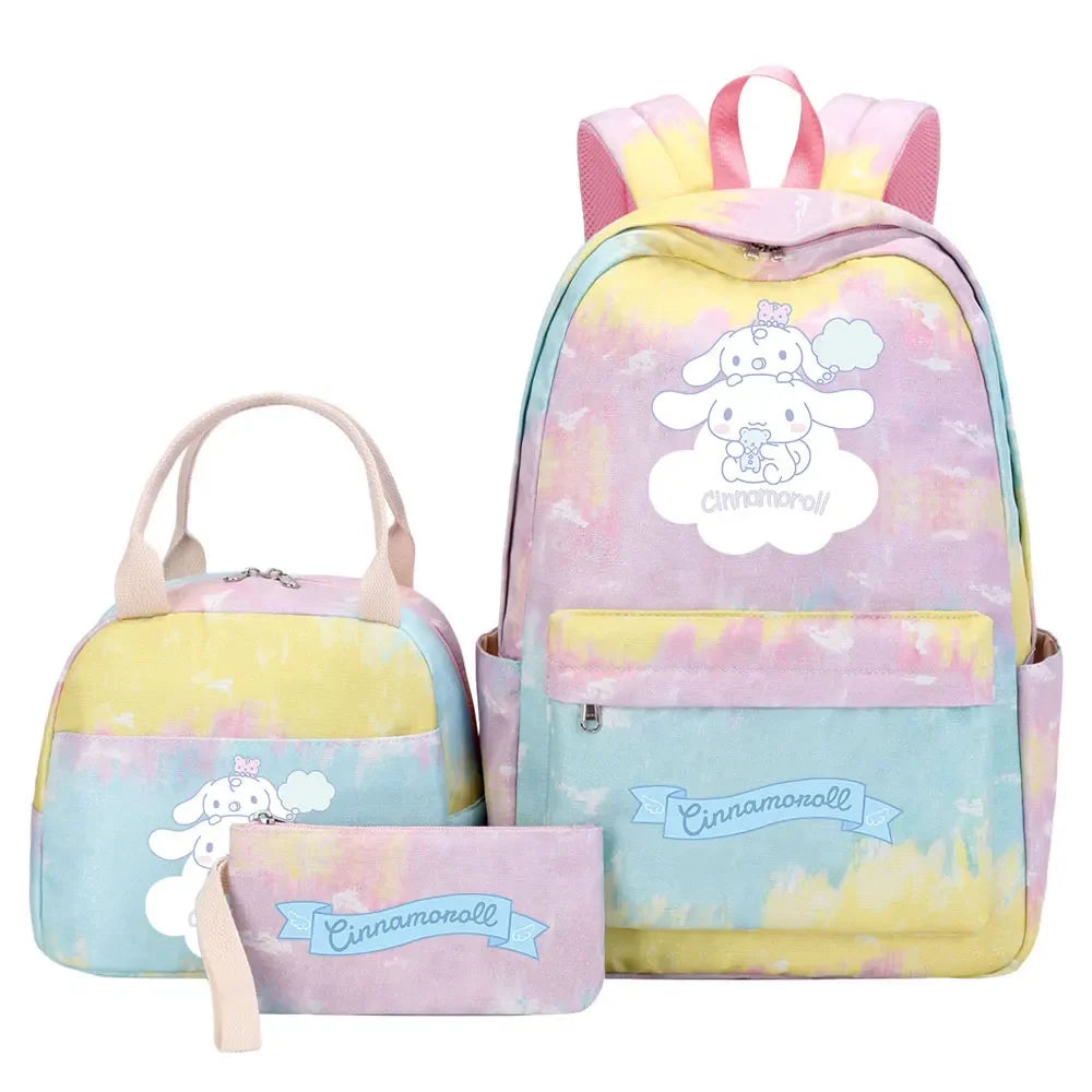 New Cinnamoroll Girls Kids Pen Lunch Bags Bookbags 3 Pcs Women Teenagers Schoolbags Travel Laptop Rainbow Backpack